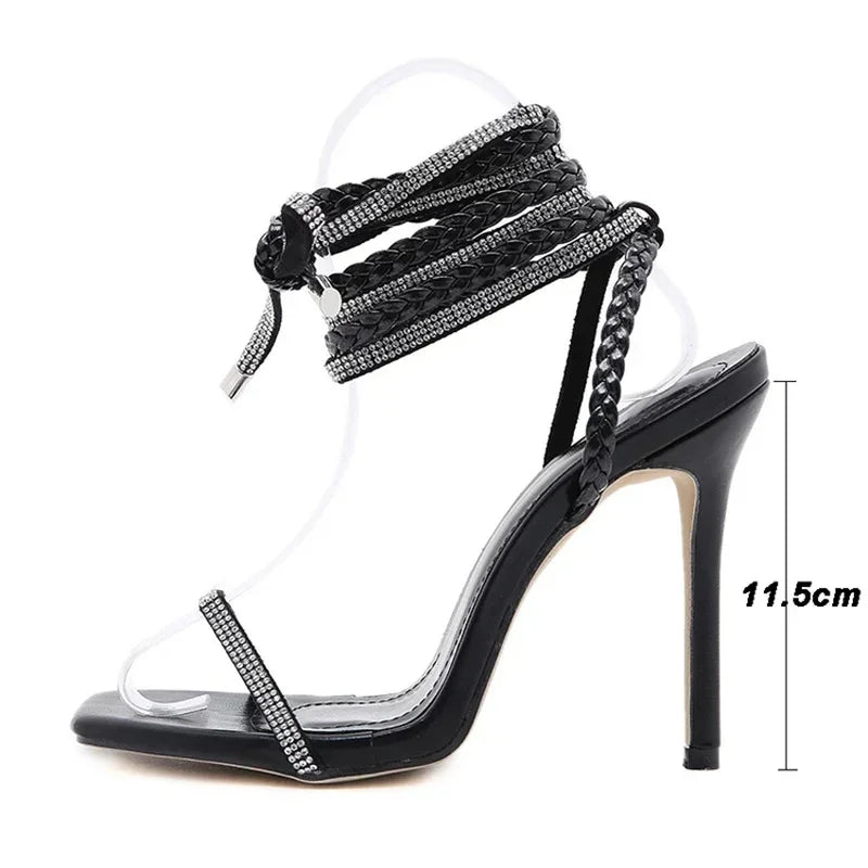 11.5CM Thin High Heels Sandals for Women Shoe Rhinestone Braided Ankle Straps Wrap Ladies Pump Female Fashion Sandal