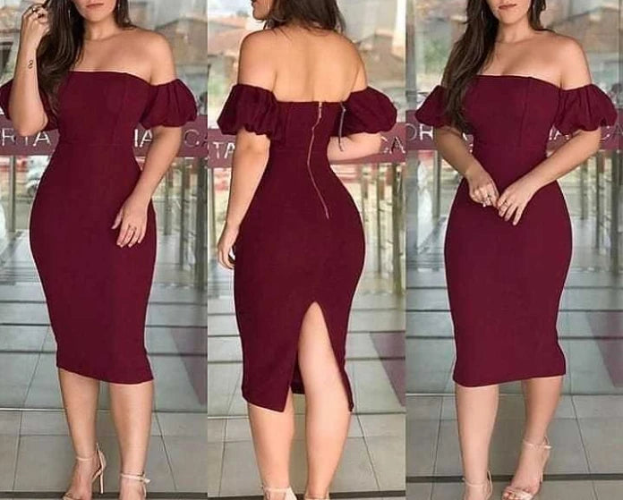 Women's Elegant Style 2024 Spring/summer Latest Commuting Style Solid Color Burgundy One Shoulder Bubble Sleeve Tight Long Skirt