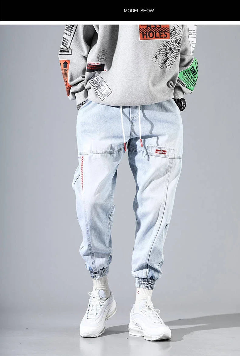 S-5XL Baggy Denim Pants for Men Autumn/winter Trendy Loose Cargo Jeans Casual Korean Slim Legged Male Hip-Hop Capri Pants Blue