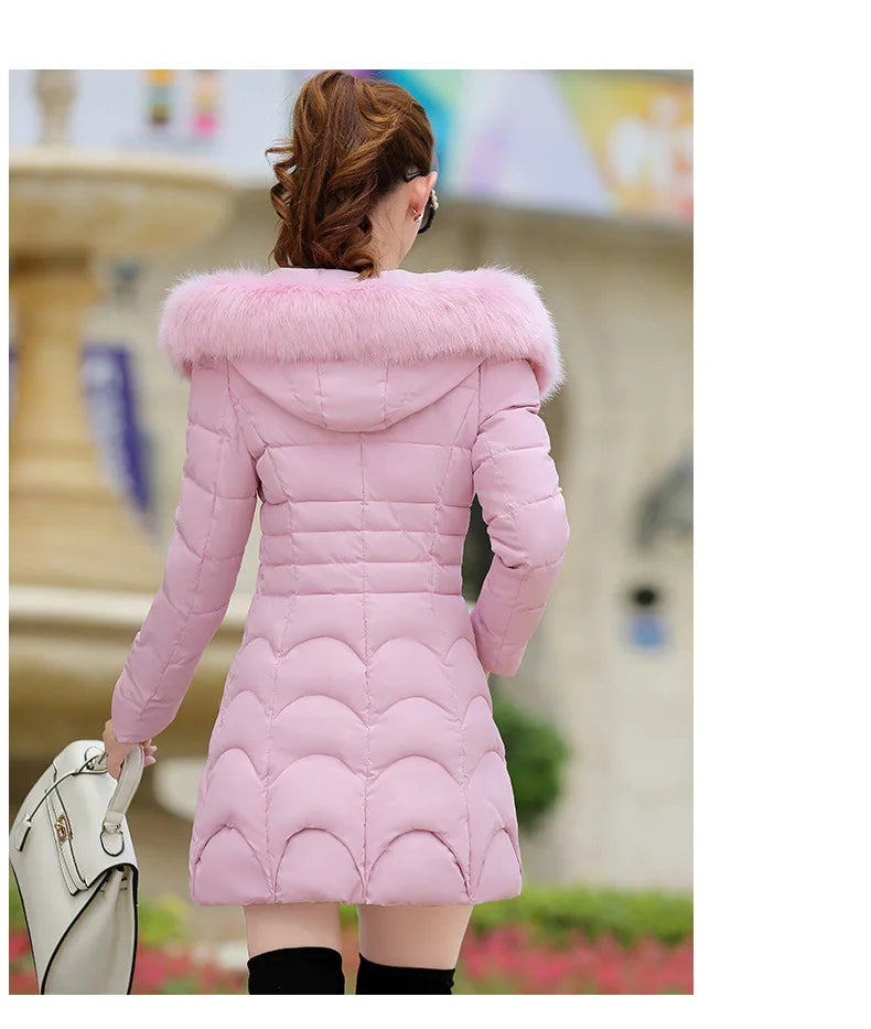 Cotton Padded Women Hoodie Medium Length Slim Fit Knee Length Bread Jacket Niche Plush and Thick Hooded Gentle and Versatile