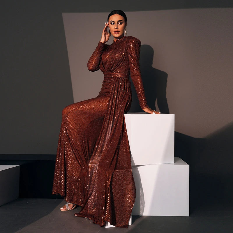 Women Luxury Elegant 2024 Long Sleeve O Neck Sequined Evening Party Formal Occasion Cocktail Prom Bridesmaid Maxi dresses