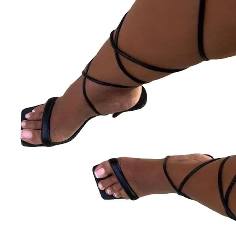 Summer Woman Ankle Strap Sandals Leather Lace-Up High Heels 2024 Hot Sale Summer Sexy Party Thin Heels Plus Size Women's Shoes