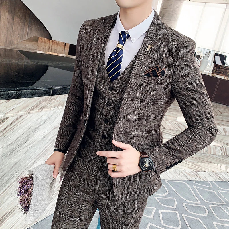 High Quality British Korean Modified Plaid Men (suit + Vest + Trousers) Stylish and Handsome Business Casual Three-piece Suit