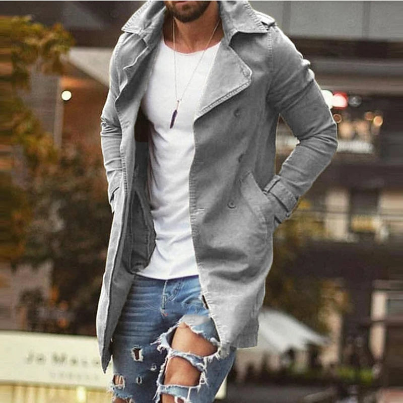 2022 Winter New Classic Double breasted Lapel Long Coats For Solid Fashion Windbreaker All Match Streetwear Autumn Male Clothes