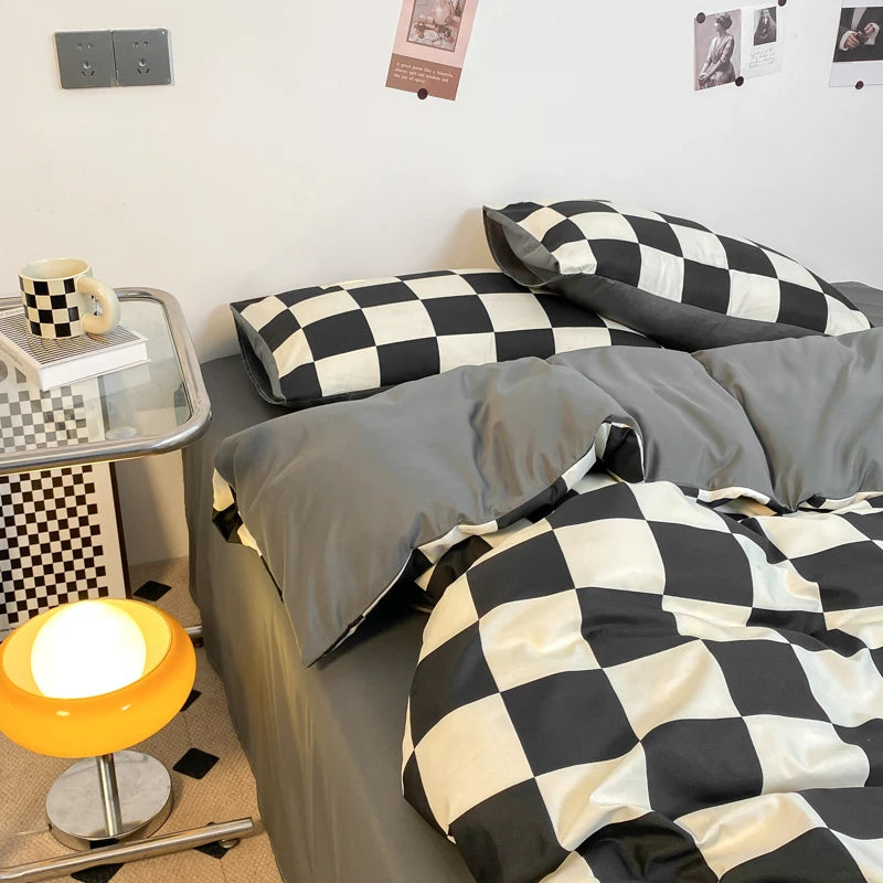 Solid Color Size Grid Light Luxury Home Visit Duvet Set Fashion Luxury Bedding Soft Plaid Bedding