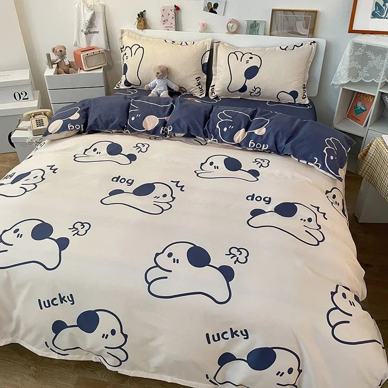 Kawaii Bear Bed Set Floral Duvet Cover Bed Linen Sheet Pillowcase Bedding Cute Dog Quilt Cover Full Queen King Size for Children