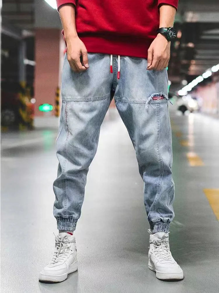 Light Blue Denim Pants for Men Trendy Loose Harem Jeans Retro Ankle-length Pants with Elastic Cuffs Cargo Pants Plus Size 5XL