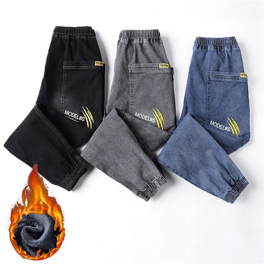 New Winter Men Warm Thermal Black Blue Cargo Jeans Fleece Streetwear Denim Jogger Pants Thick Fur Baggy Harem Trousers Plus Size