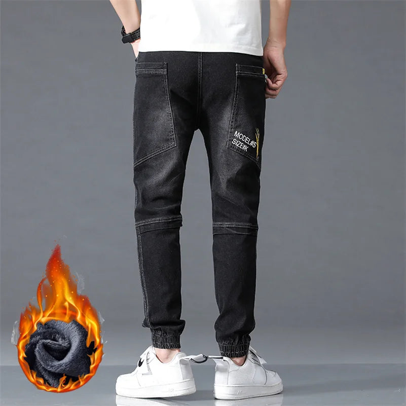 New Winter Men Warm Thermal Black Blue Cargo Jeans Fleece Streetwear Denim Jogger Pants Thick Fur Baggy Harem Trousers Plus Size