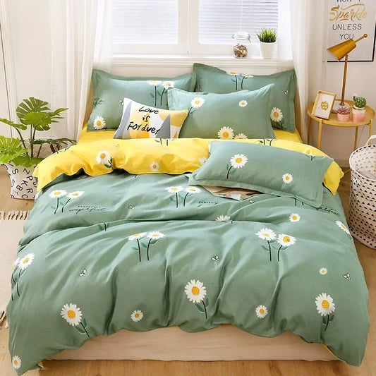 New Fashion Print Queen Size Bedding Set King Size Daisy Printed  Duvet Cover Set with Flat Sheets Cozy Durable Bedding Sets