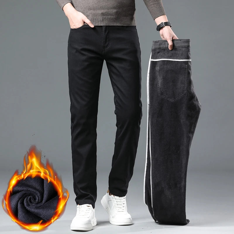 2024 Winter New Men's Warm Slim Fit Business Casual Fashion Thicken Trousers Fleece Stretch Brand Pants Black Grey Army Green