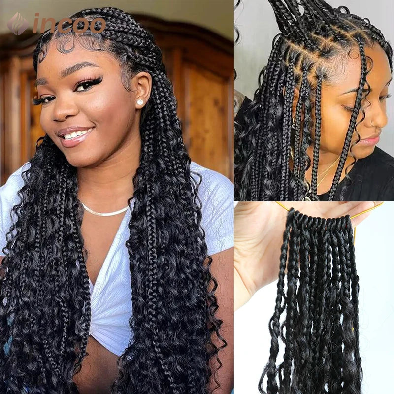 Boho Box Braided Wigs Curly Hair Synthetic Full Lace Front Wigs for Women Goddess Locs Braid Wig Burgundy Bohemian Box Braid Wig