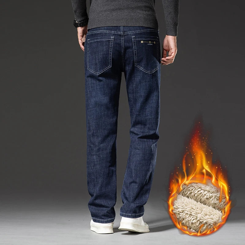 40 42 44 46 Plus Size Winter Fleece Jeans Classic Business Casual Straight Loose Men's Thick Warm Denim Pants Office Trousers