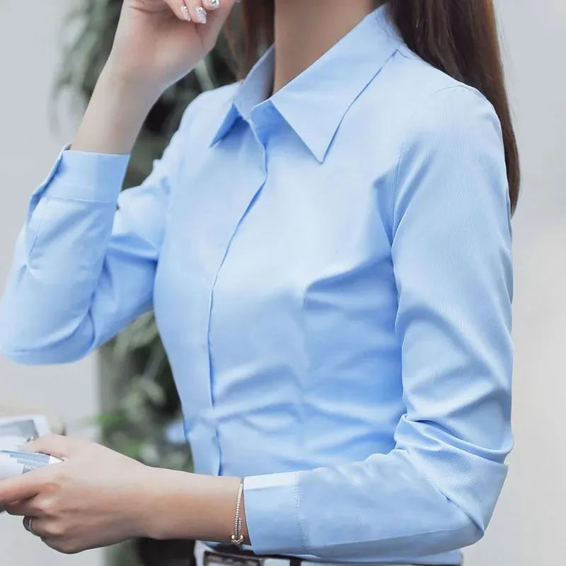 Fashion Women White Shirts Korean Long-sleeve Professional Formal Work Shirt Ladies Office OL Buttons Turndown Collar Blouses