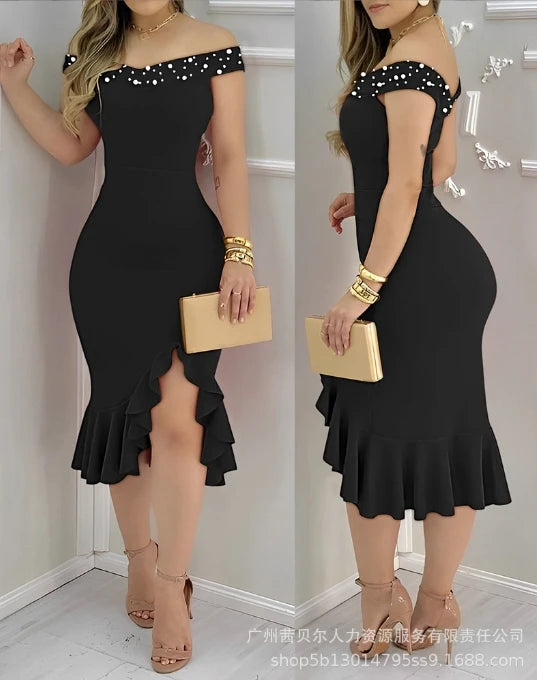 Women Elegant Dress 2024 Spring Summer Latest Beaded Off Shoulder Ruffles Slit Party Midi Dress Short Sleeves Skinny Short Skir