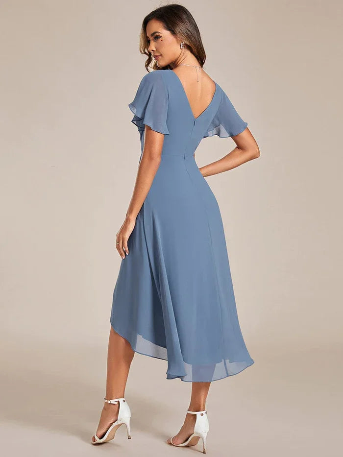 Ever-Pretty 2024 Woman'S  Chic V Neck Asymmetrical Hem Ruffles Sleeve Pleated Chiffon Dress