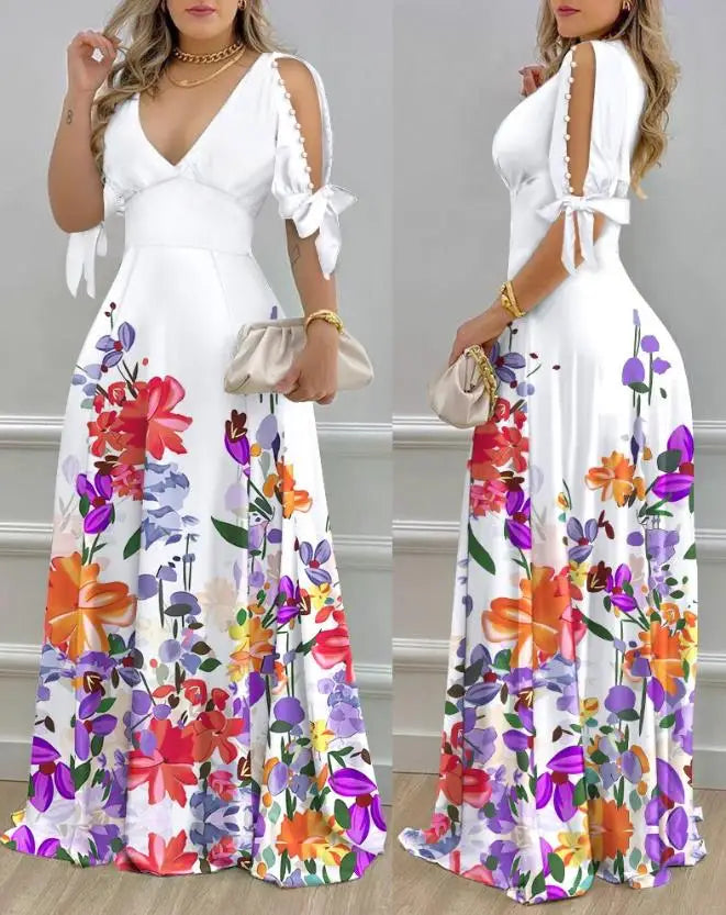 New Fashion 2024 Summer Casual Colorblock V-Neck Bell Sleeve Maxi Dress Sexy Elegant Dresses for Women Female Clothing Outfits