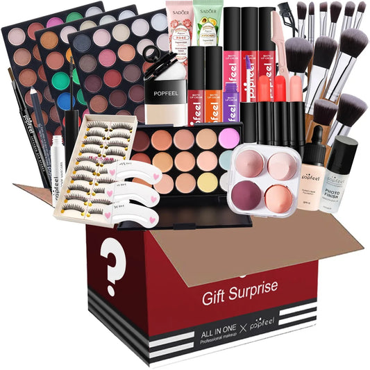 Makeup Box Set, Cosmetic Gift Box Eyeshadow Eyeliner Eyebrow Pen Lipstick Lip Gloss Primer Foundation Loose Powder Brushes Puff