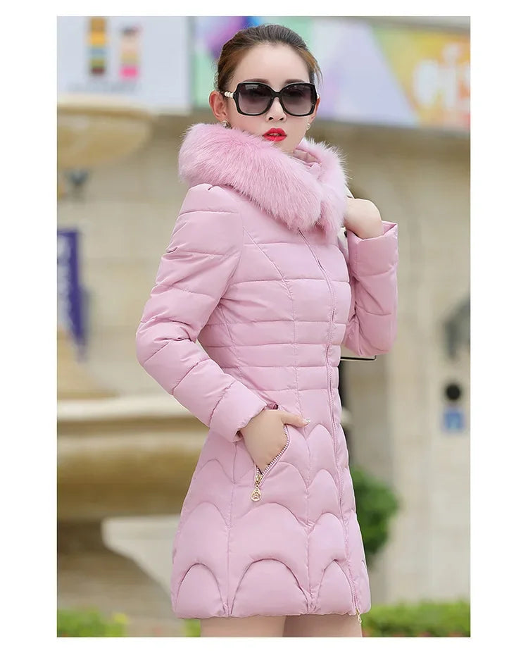 Winter Women Jacket Parka Big Fur Collar Hooded Thick Warm Female Coat Casual Outwear European Fashion Black Tops -30 Degrees