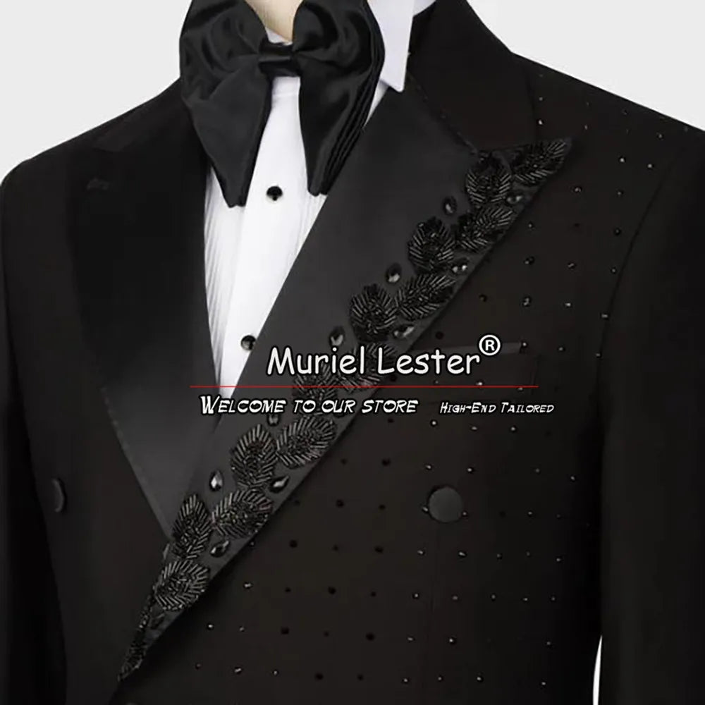 Luxury Wedding Suits Double Breasted Blazer Pants 2 Pieces Groom Tuxedos  Crystals Beads Men's Dress Customized Man Clothing