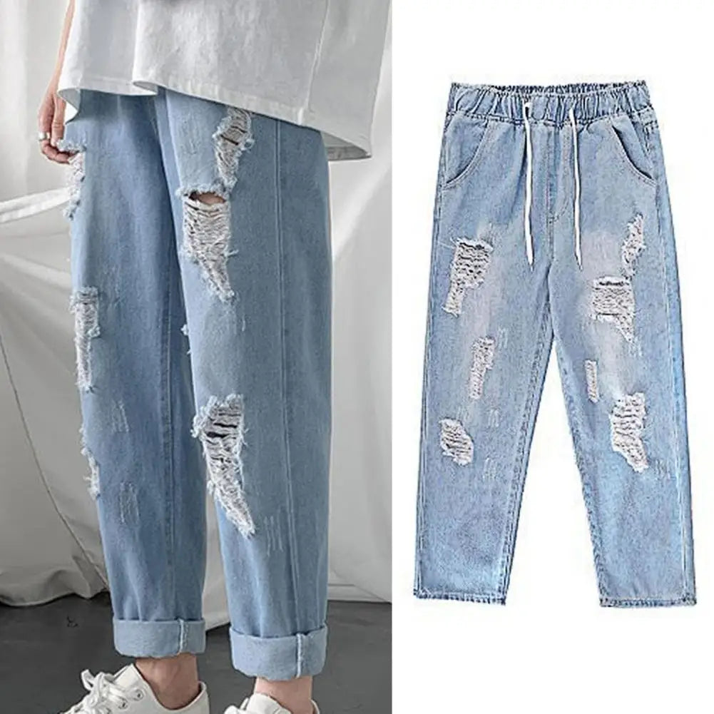 Summer Men Pants Solid Color Ripped Mid Waist Casual Students Jeans for Daily Wear Hole Jeans Trousers Men Clothing