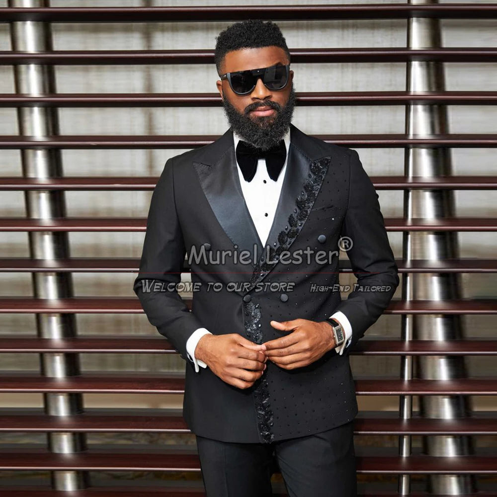 Luxury Wedding Suits Double Breasted Blazer Pants 2 Pieces Groom Tuxedos  Crystals Beads Men's Dress Customized Man Clothing