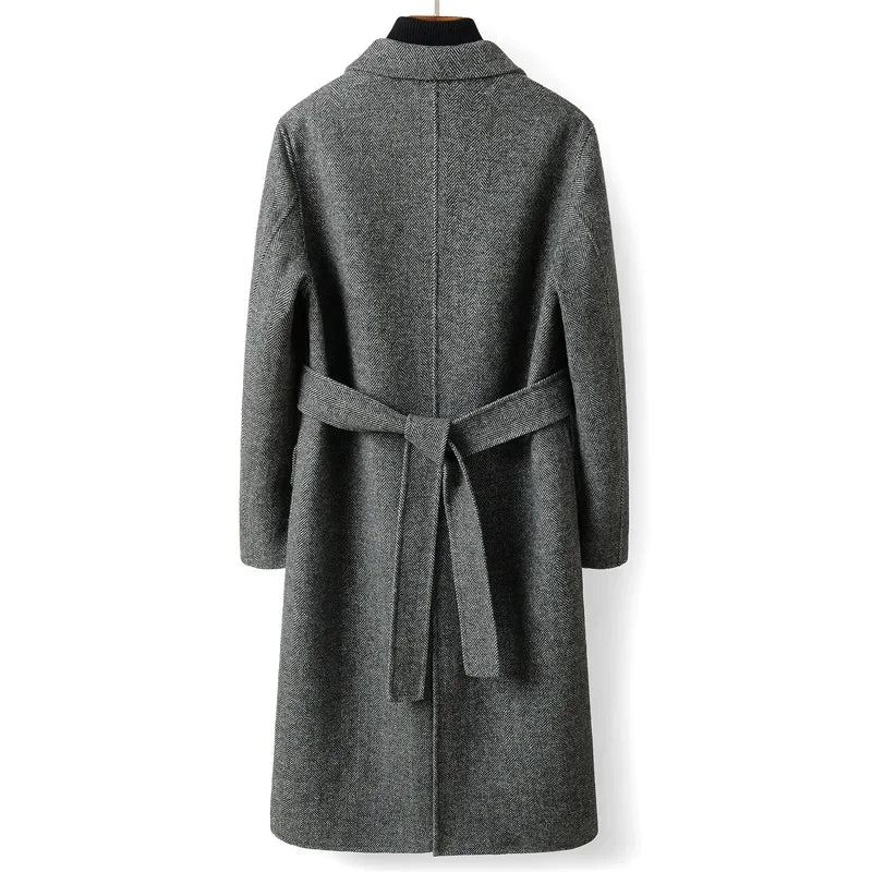 Autumn Winter Herringbone 100% Wool Coats for Men Belt Business Casual Double Sided Woolen Jacket Men's Long Coat Male Clothing