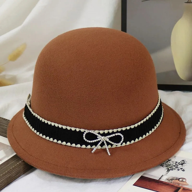 2022 Women Fascinators Wide Brim Wool Felt Hat Cocktail Party Wedding Fedora Hats Dress Church Hat Plumy Felt Floppy Winter Hat