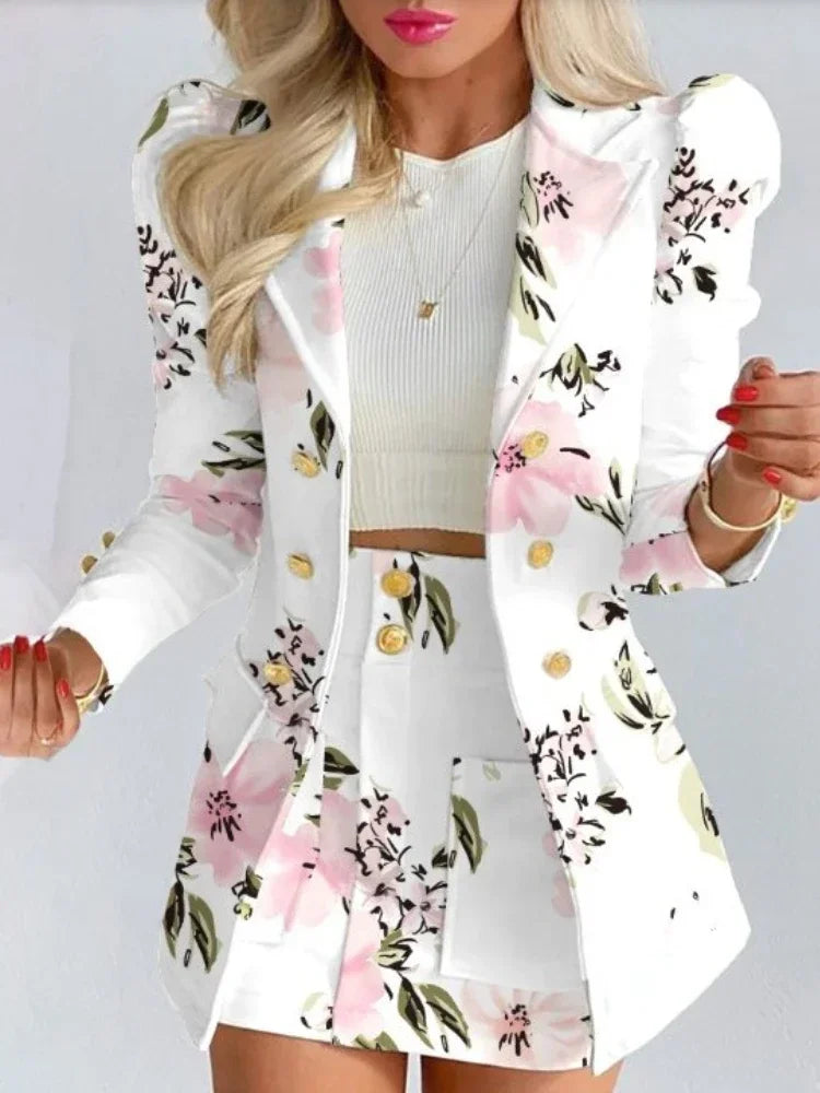 Women's Summer Long Sleeve Solid Color Jacket with Mini Skirt Two-piece Suit Tailleur Femme Blazer and Dress Sets Free Shipping