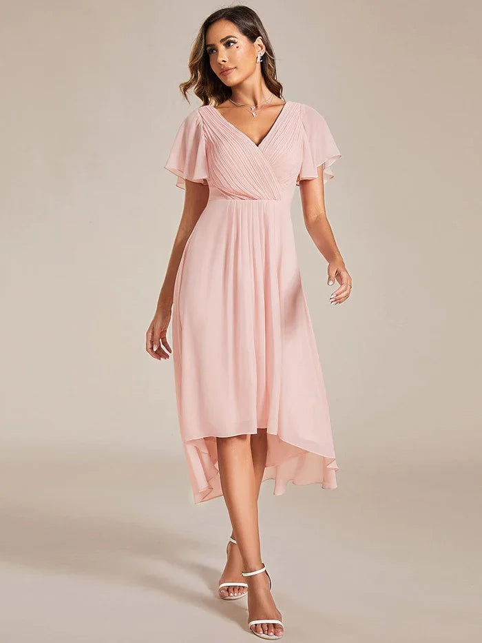 Ever-Pretty 2024 Woman'S  Chic V Neck Asymmetrical Hem Ruffles Sleeve Pleated Chiffon Dress