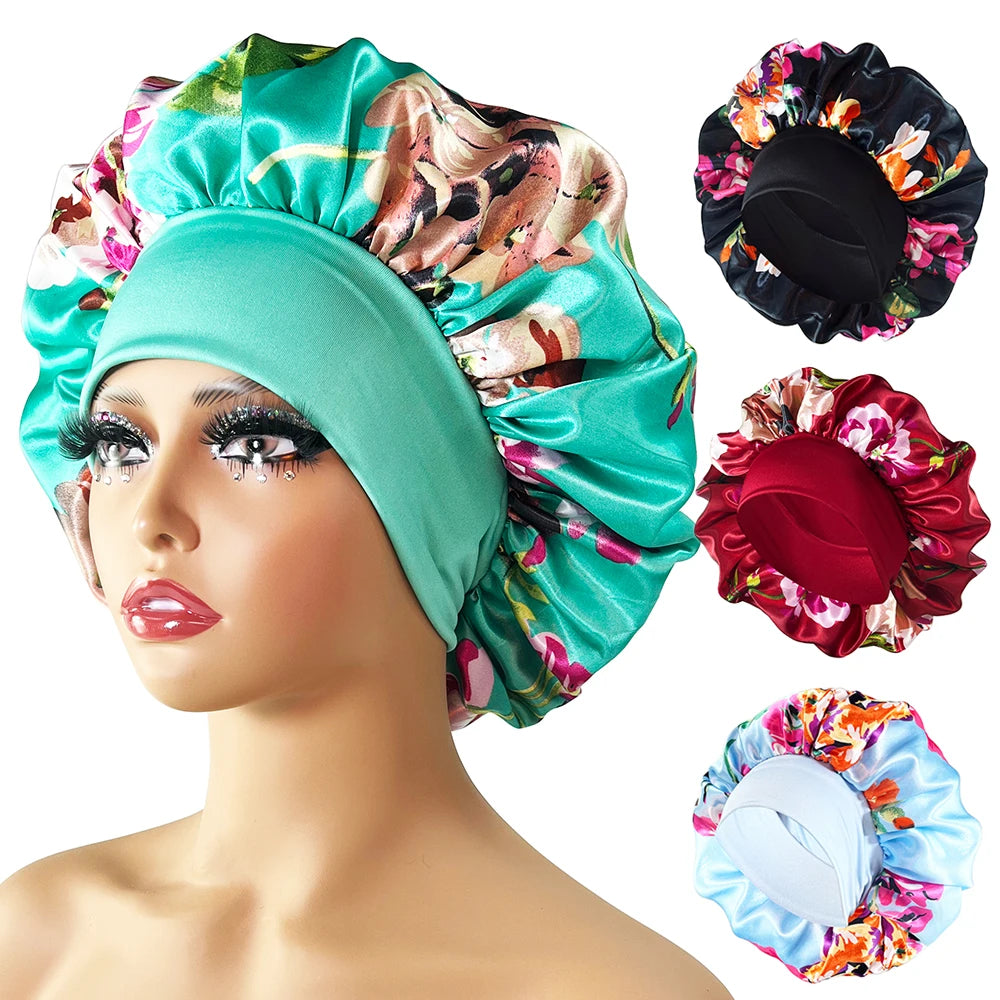 Women Satin Bonnet Cap Silky Big Bonnet for Women Floral Printing Sleep Cap Design Boneet's