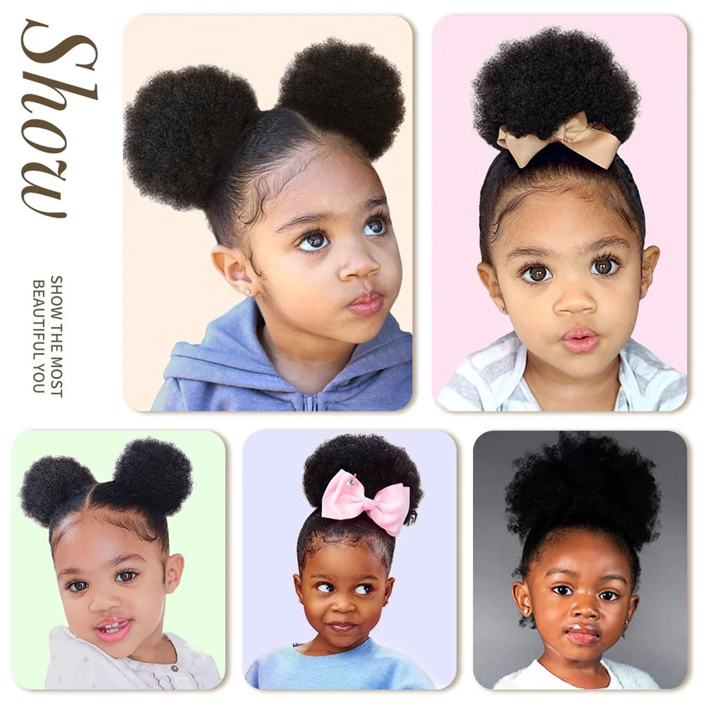 Afro Puffs Natural Black Afro Puff Hair Bun For Kids 100% Remy Human Hair Small Drawstring Ponytail For Little Girls Curly