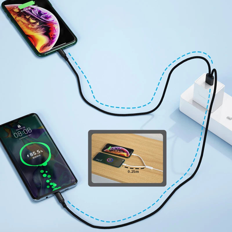 1.2m USB Charging Spliter Cable 2-in-1 Data Cord Type C Micro USB Fast Charging Cable Y Splitter 5A Fast Charging Cable