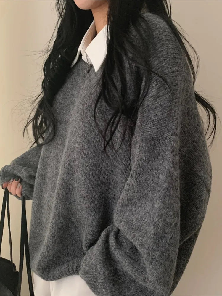 Autumn Winter Long Sleeve Women V-neck Pullovers White Gray Simple Loose Oversize Female Cozy Sweaters Knitted Korean Stylish