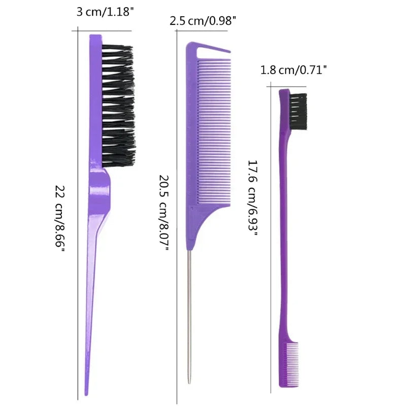 3pcs Hair Styling Comb Set Teasing Hair Brush Triple Teasing Comb Rat Tail Combs Edge Brush Hair Tail Tools Braid Tool Loop