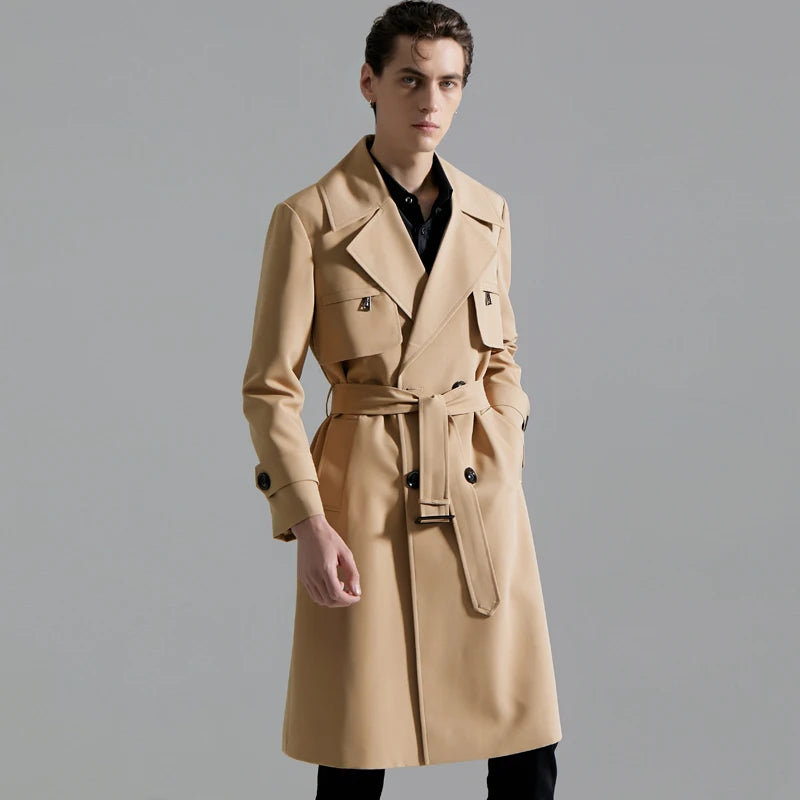 Spring Men's Fashion Long Trench Coat New Autumn Waterproof Loose Cotton Windbreaker Jacket Male Solid Double Breasted Outerwear