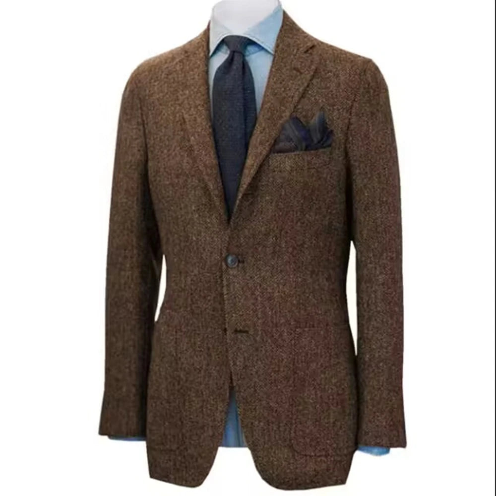 Men's Suit Brown Herringbone Blazer Prom Tuxedos Wool Tweed Single Breasted Formal Bussiness/Wedding Prom Jacket（Only Coat）