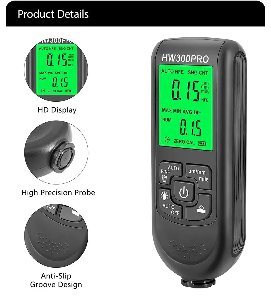 HW-300PRO Car Paint Film Automatic Thickness Gauge 0-2000UM Fe & NFe Coating Thickness Tester Manual Automotive Paint Tools