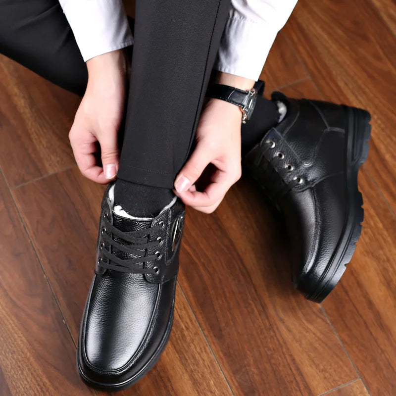 New in Men's Genuine Leather Boots Winter Snow Shoes Wool Inner Anti slip Father Ankle Boots Waterproof Warm Man Cotton Boot