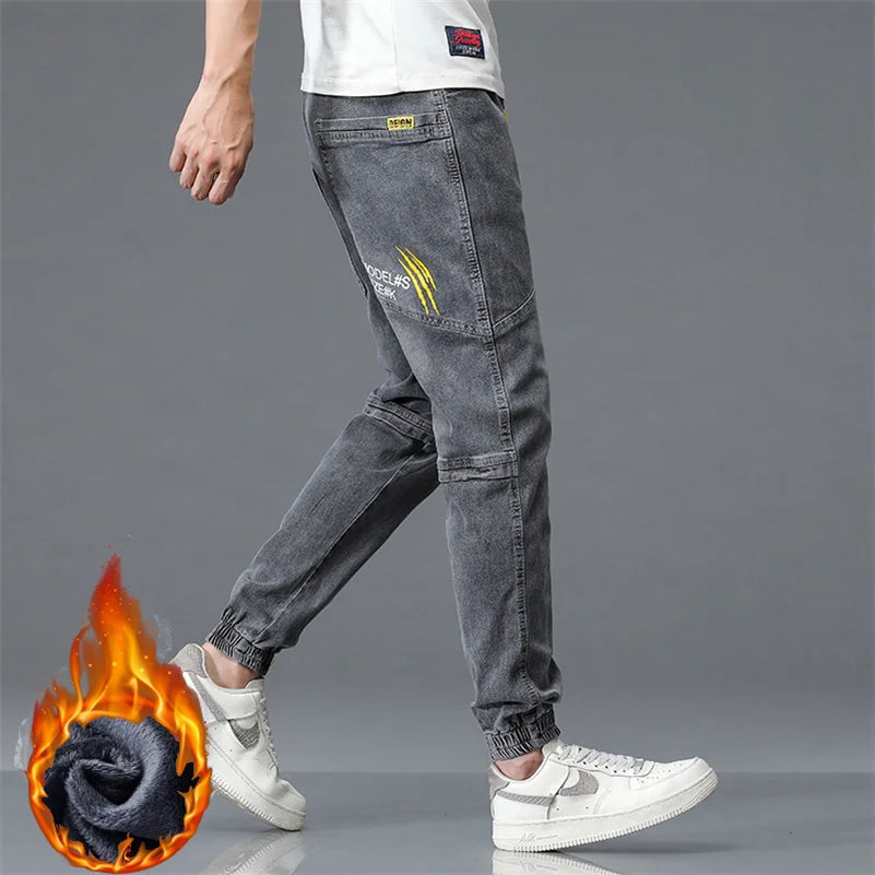New Winter Men Warm Thermal Black Blue Cargo Jeans Fleece Streetwear Denim Jogger Pants Thick Fur Baggy Harem Trousers Plus Size