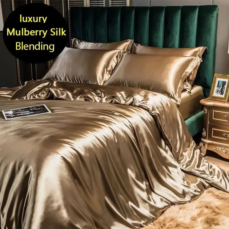 Luxury Blending Natural Mulberry Silk Bedding Set High End Satin Smooth Duvet Cover Set Double King Queen Size Bed Sheet Set