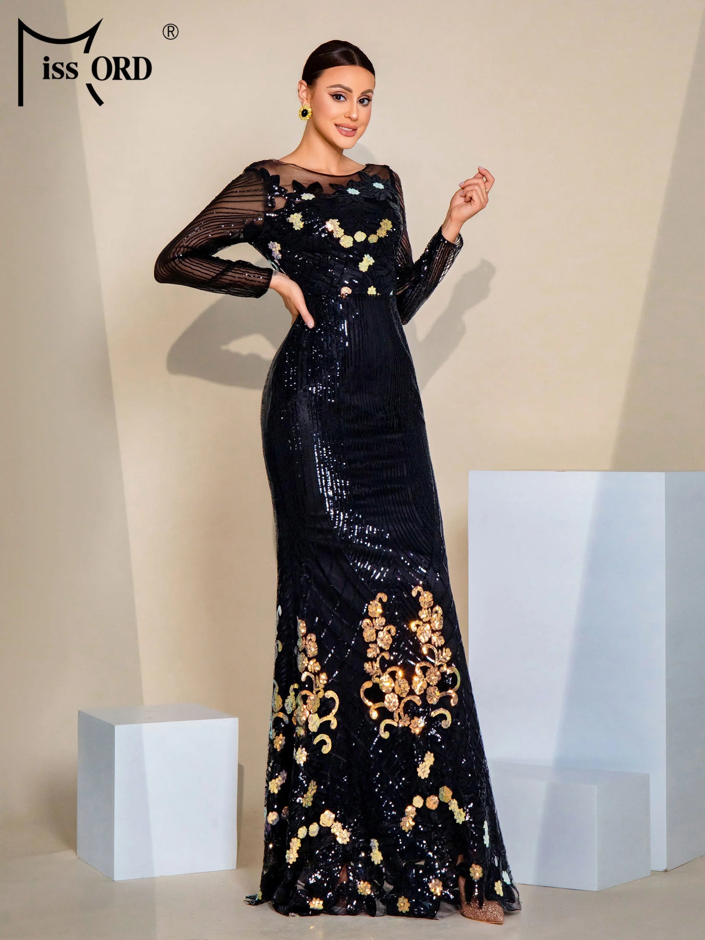 Missord Sexy Chic Elegant Woman Dress Round Neck Long Sleeved Sequin Mermaid Evening Gown Black Formal Occasion Dresses