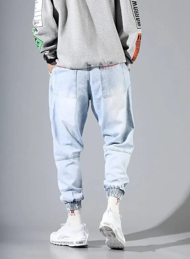 S-5XL Baggy Denim Pants for Men Autumn/winter Trendy Loose Cargo Jeans Casual Korean Slim Legged Male Hip-Hop Capri Pants Blue