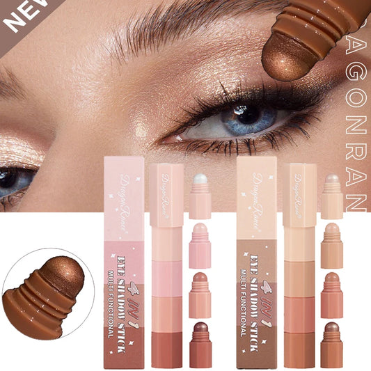 Coral Brown Mini Eye Shadow Stick 4 IN 1 Combo Pearlescent Metallic High Gloss Highlighter Multi-purpose Eyeshadow Crayon Pen