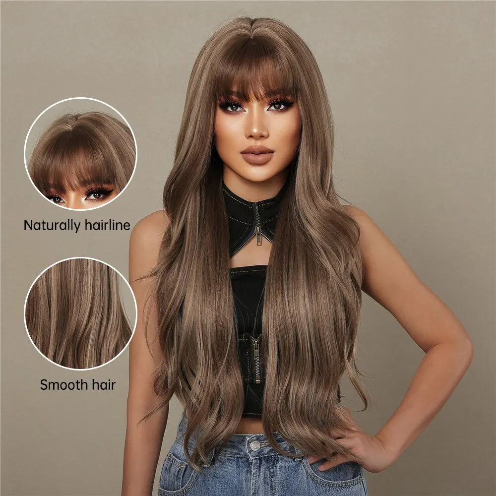 HAIRCUBE Brown Mixed Blonde Synthetic Wigs with Bang Long Natural Wavy Hair Wig for Women Daily Cosplay Use Heat Resistant