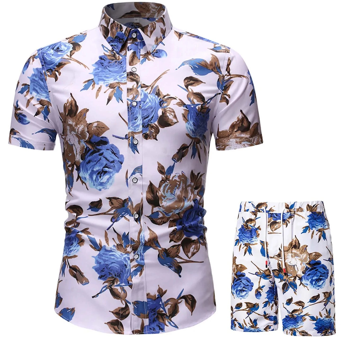 Floral Leaf Printed 2PCS Shirts Suits Men Fashion Shirts+Shorts 3D Two Piece Sets Hawaii Shirts Beach Shirt Sets Boy Beach Sets