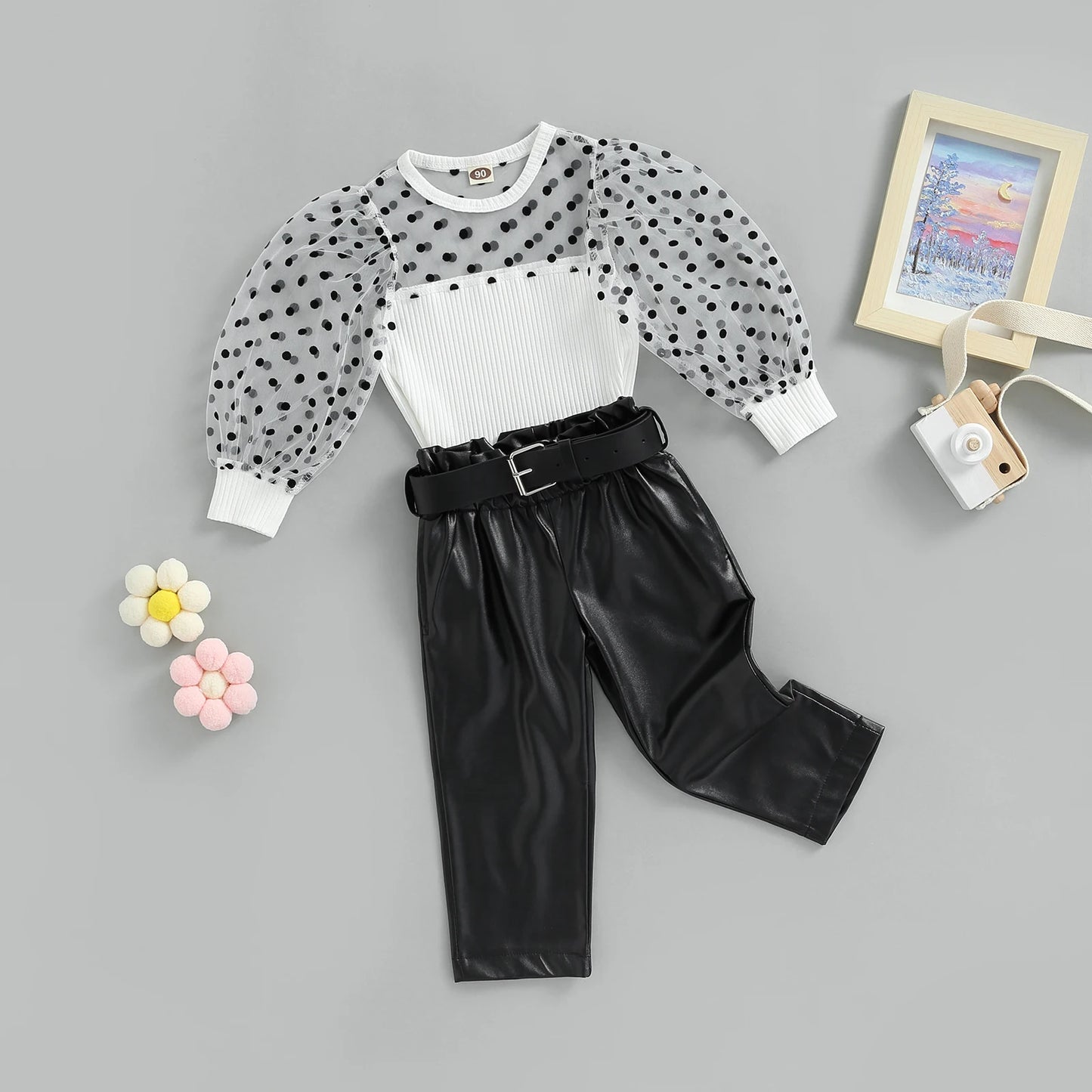 Kids Baby Girls Autumn Clothes Outfits Dot Print Long Mesh Sleeves Shirt Tops and Casual PU Leather Pants with Belts Set 1-6T