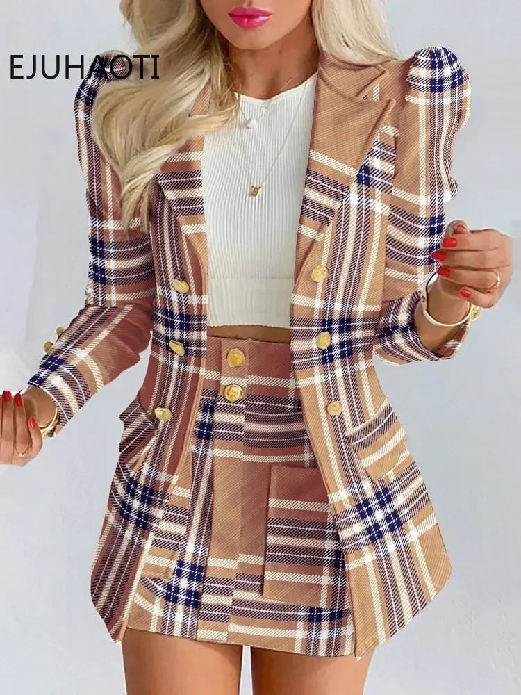 Women's Summer Long Sleeve Solid Color Jacket with Mini Skirt Two-piece Suit Tailleur Femme Blazer and Dress Sets Free Shipping