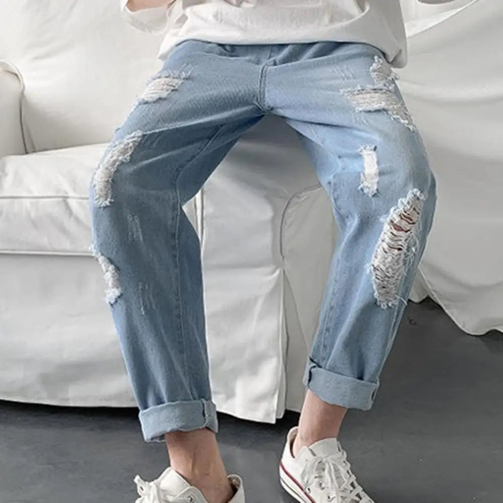 Summer Men Pants Solid Color Ripped Mid Waist Casual Students Jeans for Daily Wear Hole Jeans Trousers Men Clothing