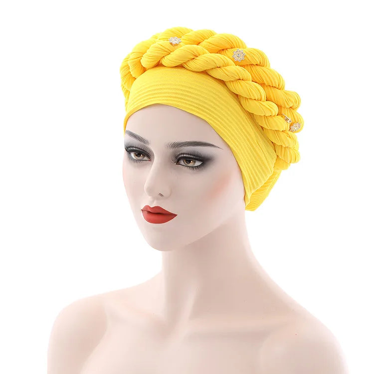 Double Braid Diamonds Halo Turban Cap Lady Cancer Chemo Caps Female Beanie Bonnet Hair Loss Cover African Head Wraps